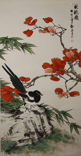 Chinese Flower and Bird Painting Scroll, Tian Shiguang Mark