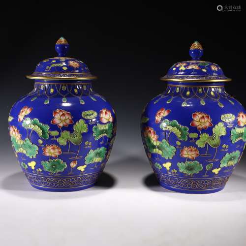 Pair of Sacrificial Blue Glaze Lotus Pond Jars and Covers