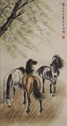 Chinese Horse Group Painting Paper Scroll, Xu Beihong Mark