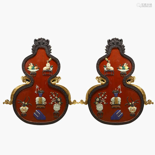 Pair of Hard Stone Inlaid Sandalwood Gourd-Shape Hanging Scr...