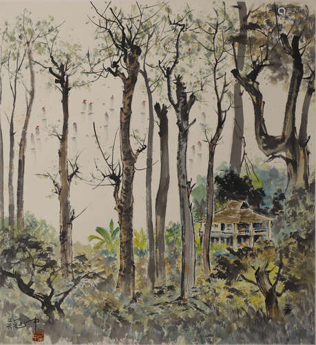 Chinese Forest Painting Paper Scroll, Wu Guanzhong Mark