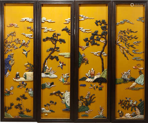 Four Hardstone Inlaid Sandalwood Flower and Bird Screens