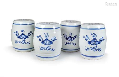 SET OF FOUR BLUE AND WHITE PORCELAIN STOOLS