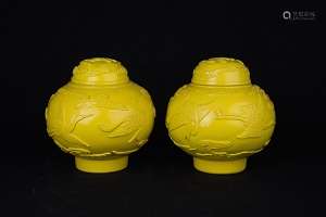 PAIR OF YELLOW BEIJING GLASS POTS