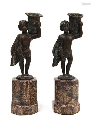 PAIR OF BRONZE AND MARBLE FIGURAL CANDELABRA