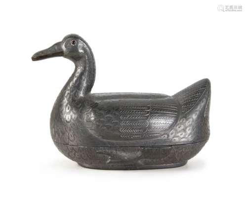 CHINESE PEWTER DUCK SHAPED BOX