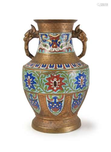 A CHINESE CLOISONNE BEAST HANDLE VASE