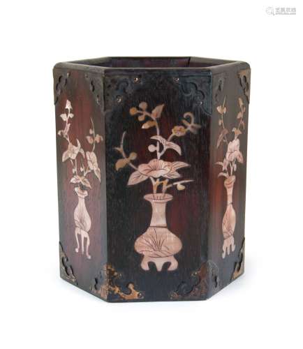 A MOTHER OF PEARL INLAID HEXAGONAL WOOD BRUSH POT
