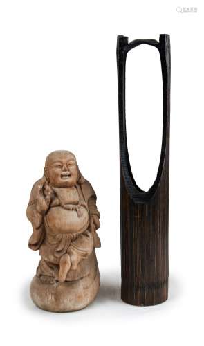 CARVED WOODEN PAIR OF BUDDHA  AND WELL BUCKET