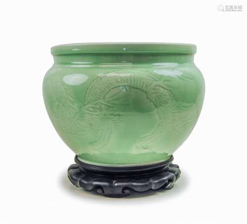 LARGE CELADON RELIEF DRAGON BOWL ON STAND