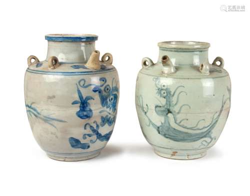 PAIR OF BLUE AND WHITE SPOUT JARS