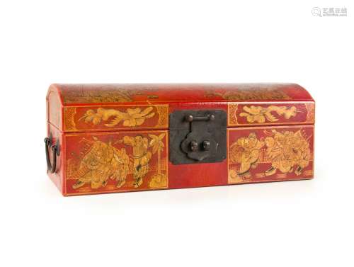 A CHINESE GILT & RED LEATHER COVERED DOCUMENT BOX