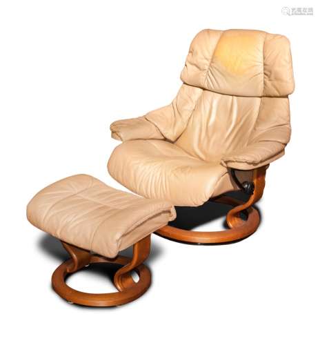 LEATHER AND WOOD RECLINER WITH OTTOMAN