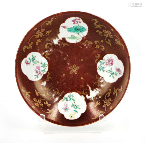 GILT FLORAL OXBLOOD GLAZED PLATE