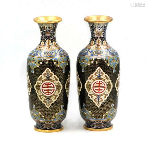 PAIR OF BLACK CLOISONNE VASES