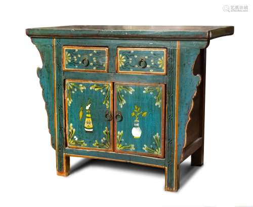 TIBETAN STYLE PAINTED GREEN CABINET