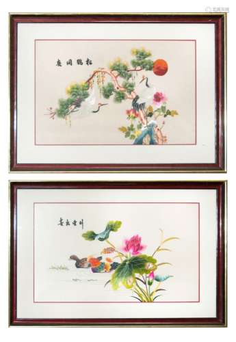 PAIR OF EMBROIDERY 'PAINTINGS,' DUCKS AND CRANES