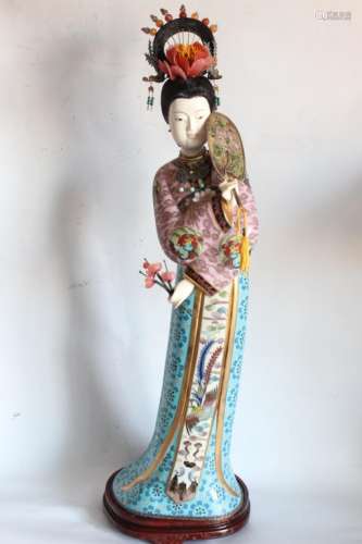 Tall Chinese Cloisonne Enamel Lady Holding a Fan