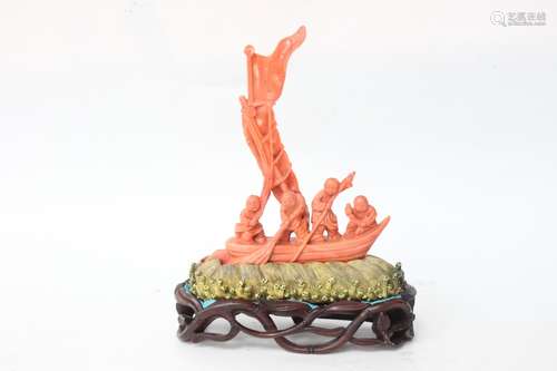 Fine Chinese Coral Carved Boys and Boat