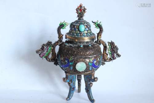 Unusual Chinese Silver, Enamel, and Jade Censer