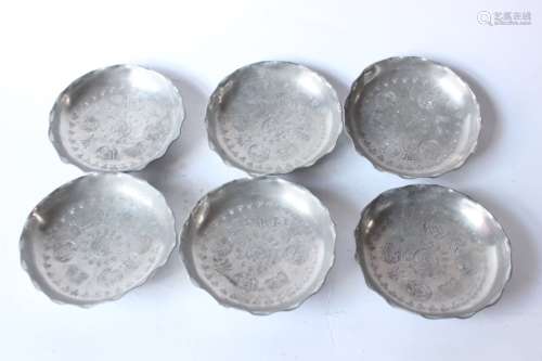 Six Chinese Hand Engraved Pewter Plates,Mark