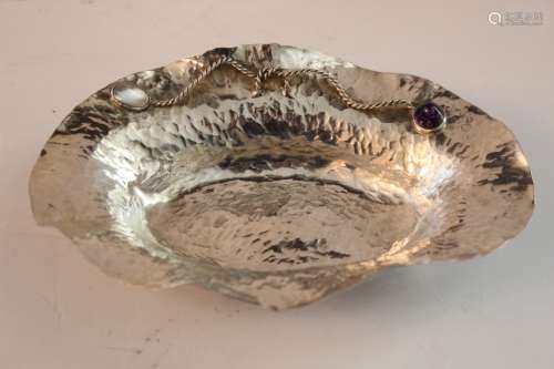 Hand Hammered Silver Bowl Decorated w Stones