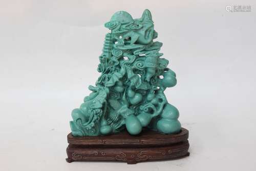 Chinese Hand Carved Turquoise Gourd and Pagoda