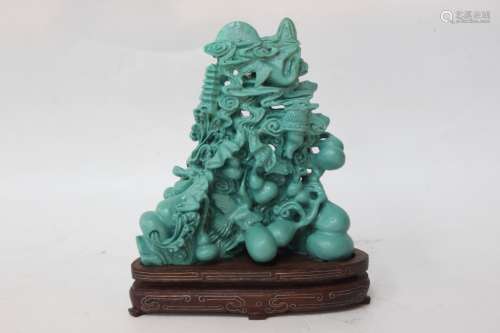 Chinese Hand Carved Turquoise Gourd and Pagoda