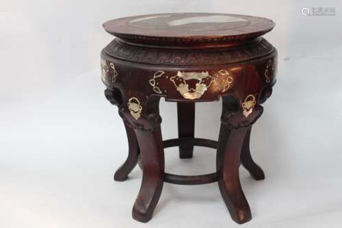 Chinese Wood Stand w Marble&Mother Pearl Inlaid
