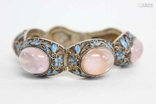 Chinese Enamel Filigree Bracelet w Rose Quartz Inl