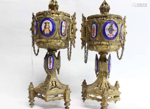 Pair of German Gilded Bronze Urns with Lid and Por
