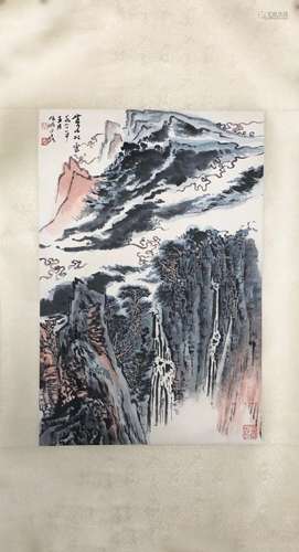 Chinese Ink Color Landscape Painting w Calligraphy