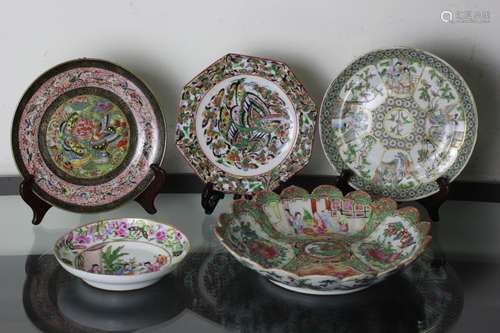 5 Chinese Expo Famille Rose Porcelain Plates,19thC