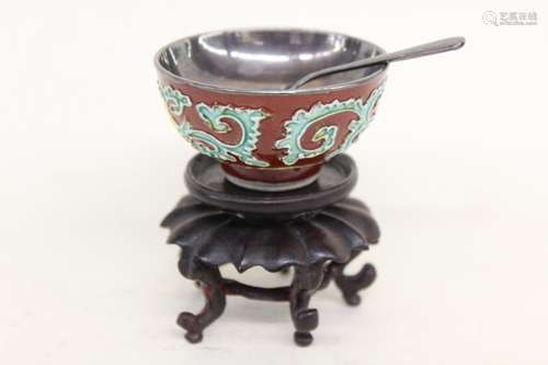 Chinese Enamel Porcelain Bowl w Silver Mount