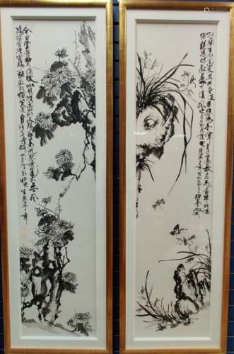 Pair of Chinese Ink Painting w Calligraphy