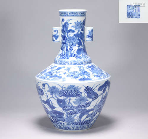 Qing Dynasty Qianlong blue and white lotus leaf picture jar ...