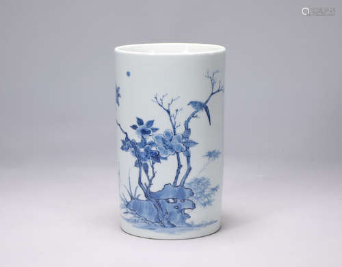 Qing Dynasty Shunzhi Blue and White Flower and Bird Penholde...