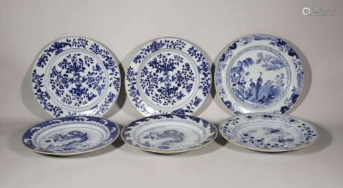 Six pieces of blue and white plates in Yongzheng in the Qing...