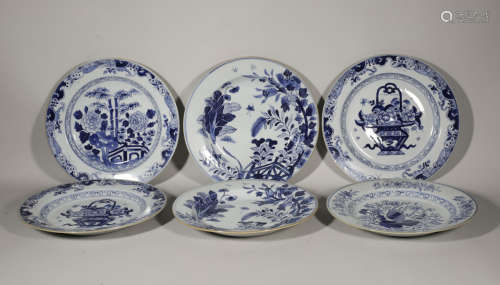 Six pieces of blue and white plates in Yongzheng in the Qing...