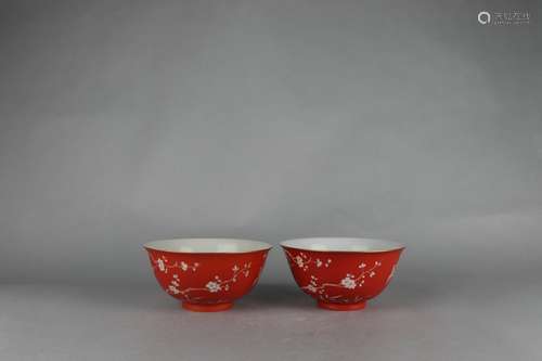 A Pair Coral Red Glazed Bowls with Reserved Magpies with Plu...