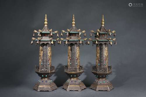 A Group Silver Prayer Wheels with Gold Gilding Design