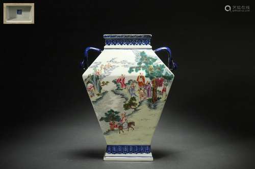 Blue-and-white Famille Rose ZUN-vase with Figure Story Desig...