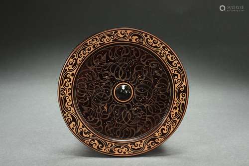 Bronze Mirror with Phoenix Design and Gold Inlaid