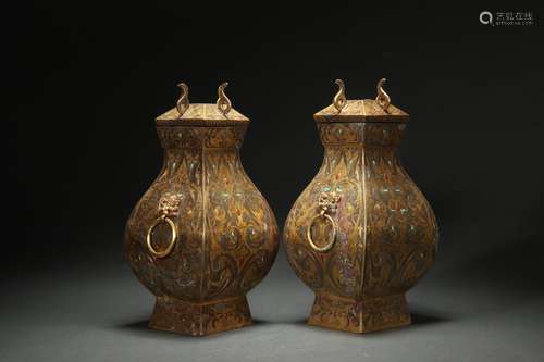 A Pair Gilt Bronze Vases with Animal-shaped Ears Design and ...