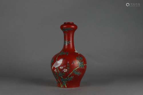 Coral Red Glazed Garlic-shaped Vase with Floral and Bird Des...