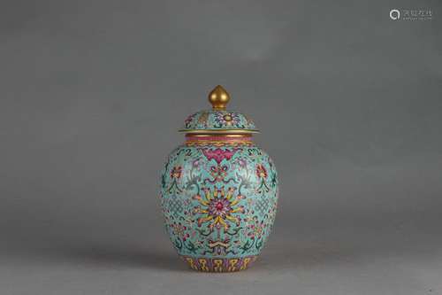 Famille Rose Small Jar with Floral and Turquoise Ground Desi...