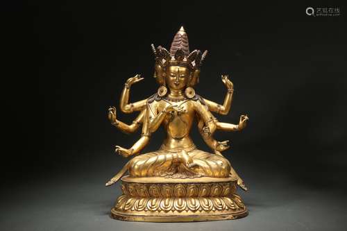 Gilt Bronze Statue of Avalokitesvara with Three Heads and Si...