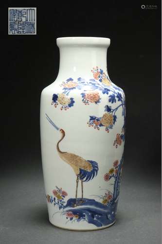 Contrasting Colored Stick-shaped Vase with Crane Design, Qia...