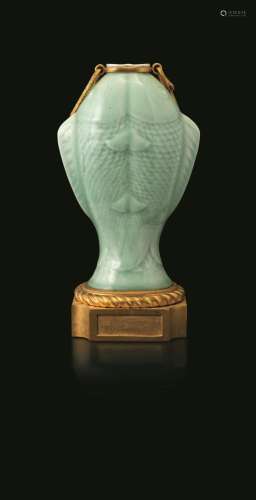 1700s. Gilt bronze mounting A Longquan porcelain vase, China...