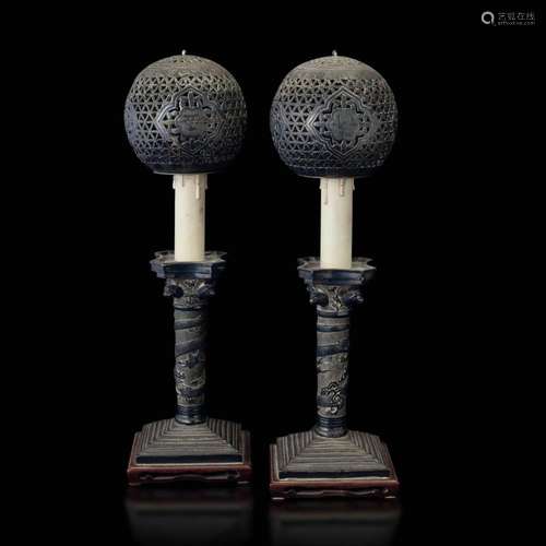 Qing Dynasty, 1800s Two silver candle holders and spheres, C...